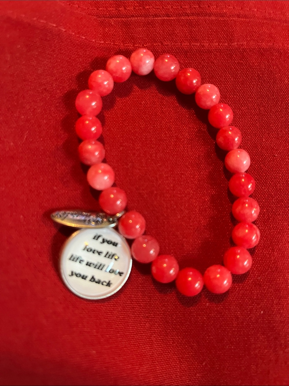 Inspirational Red Beaded Stretch Bracelet with Charm